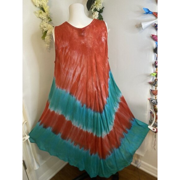 Vtg Seven Islands Boho Tie Dye Cultural Flowy Dress Sleeveless Flowers One‎ Size - Picture 9 of 16